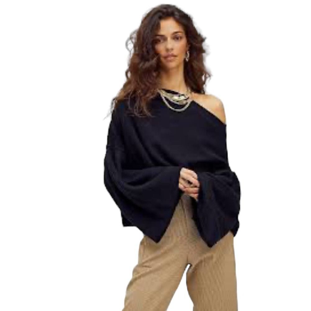 Free People Black Bunny Cropped Boat Neck Pullover